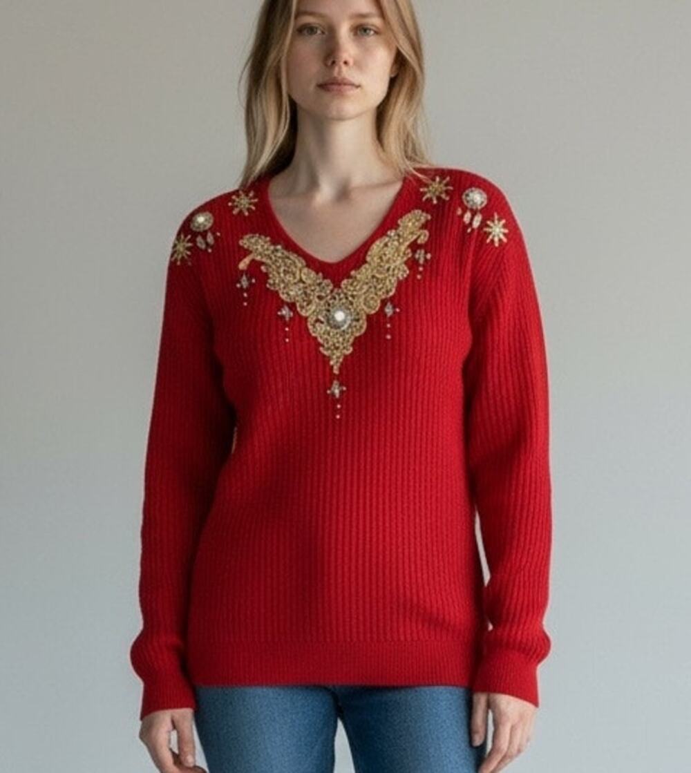 Sweater VTG Red OS Embroidered Jewels Embellished Rib Knit Casual Fairy USA